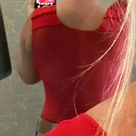 Suki Cohen Red Sheer panel Bodysuit swimsuit size Large - Picture 8 of 8